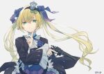  1girl 7th_dragon_(series) 7th_dragon_2020 baronilu blonde_hair chelsea_(7th_dragon) commentary_request crown expressionless finger_to_cheek floating_hair gothic_lolita green_eyes gun hacker_(7th_dragon) holding holding_gun holding_weapon lolita_fashion long_hair looking_at_viewer mini_crown revolver solo twintails weapon 