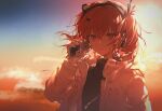  1girl a.i._voice adachi_rei anandebaba backlighting black_shirt cassette_player closed_mouth cloud expressionless gloves hair_between_eyes hair_ribbon hand_up headlamp highres holding jacket long_sleeves looking_at_viewer medium_hair netsu_ijou_(utau) one_side_up open_clothes open_jacket orange_eyes orange_hair outdoors radio_antenna ribbon shirt sky solo turtleneck upper_body utau white_gloves white_jacket white_ribbon 