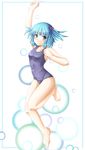  bad_id bad_pixiv_id barefoot blue_eyes blue_hair hair_bobbles hair_ornament kawashiro_nitori mochi.f one-piece_swimsuit school_swimsuit short_hair solo swimsuit touhou two_side_up 