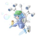  backpack bad_id bad_pixiv_id bag blue_eyes blue_hair boots bubble cucumber hat kawashiro_nitori key mochi.f short_hair solo touhou two_side_up 