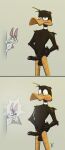 absurd_res anatid anseriform anthro arm_tuft avian balls beak birbdrain bird black_body blush buckteeth bugs_bunny camera caught caught_on_camera cheek_tuft chest_tuft comic daffy_duck digital_drawing_(artwork) digital_media_(artwork) duck elbow_tuft erection facial_tuft foreskin genitals grey_body hands_on_hips hi_res lagomorph leporid looking_around_corner looking_at_another looney_tunes male mammal nude nude_anthro nude_male penis rabbit rabbit_ears shoulder_tuft simple_background solo standing taking_picture teeth tuft warner_brothers white_chest