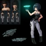  1girl 3d_inset animification bare_arms bare_shoulders belt black_background black_belt black_boots black_hair black_tank_top blue_eyes blunt_bangs boots breasts capital_ship_(eve_online) carrier carrier_(eve_online) cleavage closed_mouth collarbone combat_ship_(eve_online) commentary_request creodron_(eve_online) dark_background electronic_warfare_ship_(eve_online) eve_online full_body gallente_federation_(eve_online) game_screenshot_inset glowing grey_background grey_pants grin hand_on_own_hip hand_up high_heel_boots high_heels holding hologram kklkrlove light_smile lips looking_at_viewer medium_breasts military_vehicle multiple_views nose nyx_(eve_online) pants reference_inset screenshot_inset short_hair smile solo spacecraft standing super_capital_ship_(eve_online) supercarrier_(eve_online) tank_top 