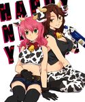  2girls alcohol animal_ears animal_print bell bottle brown_hair chinese_zodiac cow_bell cow_ears cow_print earrings feldt_grace gloves green_eyes gundam gundam_00 haro horns jewelry kneeling long_hair midriff multiple_girls navel new_year pink_hair plum_(arch) sake sitting sleeveless sumeragi_lee_noriega thighhighs year_of_the_ox 