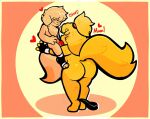 anthro big_butt big_tail bird_dog blush blush_lines bottomwear bottomwear_around_one_leg bottomwear_down brooke_(heyomaerow) butt canid canine canis clothing clothing_around_one_leg domestic_dog duo eyes_closed fellatio female fingerless_gloves footwear genitals gloves golden_retriever hair handwear heart_symbol hearts_around_head heyomaerow hi_res hunting_dog male male/female mammal onomatopoeia oral penile penis pinned pinned_to_wall ponytail redd_(heyomaerow) retriever sex shorts shorts_around_one_leg size_difference socks sound_effects standing tail text toeless_footwear toeless_socks yellow_body