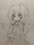  1girl arms_behind_back blush bow collared_shirt commentary_request daiyousei fairy fairy_wings greyscale hair_bow highres looking_at_viewer monochrome open_mouth puffy_short_sleeves puffy_sleeves shirt short_sleeves skirt solo touhou traditional_media vest wings zeppachi 