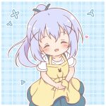  1girl :d ^_^ apron blue_hair blue_ribbon blue_skirt blush closed_eyes commentary_request facing_viewer gochuumon_wa_usagi_desu_ka? hair_between_eyes hair_ornament hair_ribbon heart kafuu_chino mitarashi_neko plaid_background pleated_skirt ponytail ribbon shirt short_sleeves skirt smile solo suspender_skirt suspenders white_shirt x_hair_ornament yellow_apron 