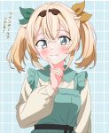  1girl absurdres alternate_costume alternate_hairstyle apron black_hairband blonde_hair blush closed_mouth commentary finger_to_cheek frills green_apron hair_between_eyes hair_ornament hair_ribbon hairband highres hololive kazama_iroha leaf_hair_ornament long_sleeves looking_at_viewer medium_hair ribbon shinonome_sakura shirt smile solo twintails upper_body virtual_youtuber 