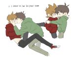  2boys :d absurdres animification antenna_hair black_eyes black_pants brown_hair closed_eyes clothes_lift commentary drawstring edd_(eddsworld) eddsworld english_text eye_contact flipped_hair french_kiss green_hoodie green_pants hair_behind_ear hair_ears hand_on_another's_face hand_on_another's_shoulder heart highres hood hood_down hoodie kiss kiyoshi_st lifting_another's_clothes long_sleeves looking_at_another male_focus multiple_boys multiple_views open_mouth pants procreate_(medium) red_hoodie shirt_lift short_hair simple_background sitting smile standing tord_(eddsworld) u_u untranslatable_commentary white_background yaoi 