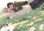  1boy 1girl belt black_belt black_pants blush brown_hair chamomile chinese_commentary closed_eyes closed_mouth commentary_request couple dated day facing_another frilled_shirt frills from_side grass green_jacket hetero hug jacket knees_out_of_frame long_hair long_sleeves looking_at_another love_and_deepspace lying_on_person official_alternate_costume on_ground open_mouth outdoors pants profile red_eyes shirt short_hair sylus_(love_and_deepspace) watermark weibo_username weibo_watermark white_hair white_shirt zhishuo418 