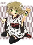  2009 animal_ears animal_print bad_id bad_pixiv_id calligraphy_brush chinese_zodiac cow_ears cow_print face_painting green_eyes hagoita hanabana_tsubomi hanetsuki horns japanese_clothes kneeling new_year original paddle paintbrush solo thighhighs yagasuri year_of_the_ox zettai_ryouiki 