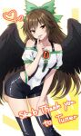  1girl alternate_costume bird_wings black_shorts black_thighhighs black_wings bow breasts brown_hair chest_eye commentary_request commission commissioner_name english_text green_bow hair_bow heart long_hair looking_at_viewer makida_16 medium_breasts orange_eyes reiuji_utsuho shirt shorts skeb_commission smile solo thighhighs third_eye touhou very_long_hair white_shirt wings 