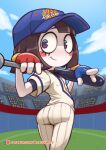  1girl ass asymmetrical_gloves baseball baseball_bat baseball_cap baseball_field baseball_stadium baseball_uniform black_shirt blue_eyes blue_gloves blue_hat blue_sky blue_trim blunt_bangs blunt_ends blush blush_stickers bob_cut brachyartz breasts brown_hair closed_mouth cloud commentary crowd day derivative_work english_commentary english_text eyelashes fingerless_gloves from_behind from_side gloves hat holding holding_baseball_bat layered_shirt light_blush looking_at_viewer looking_back looking_to_the_side mismatched_gloves multicolored_eyes nose_blush outdoors over_shoulder pale_skin pants patreon_logo patreon_username playing_sports pomni_(the_amazing_digital_circus) red_eyes red_gloves scene_reference screenshot_redraw shirt short_hair short_sleeves sky small_breasts smile smirk solo sportswear stadium standing striped_clothes striped_pants the_amazing_digital_circus twisted_torso two-tone_eyes undershirt vertical-striped_clothes vertical-striped_pants web_address white_pants white_shirt 