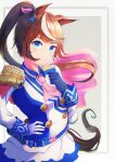  1girl absurdres animal_ears ascot asymmetrical_gloves blue_eyes blue_gloves blush breasts brown_hair buttons cape closed_mouth commentary_request double-breasted epaulettes gloves hair_between_eyes hand_on_own_hip highres horse_ears horse_girl horse_tail jacket long_hair long_sleeves looking_at_viewer mismatched_gloves multicolored_hair multicolored_jacket natsuki_iroha pink_ascot ponytail red_cape simple_background single_epaulette single_hair_streak skirt small_breasts smile solo streaked_hair tail tokai_teio_(peak_joy)_(umamusume) tokai_teio_(umamusume) two-tone_hair two-tone_jacket two-tone_skirt umamusume white_gloves white_hair white_jacket white_skirt white_streaks 