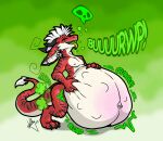  2025 anthro barbell_piercing belly belly_blush belly_squish big_belly black_ear_tips blorp blush body_blush burping dathgar dathy_(dathgar) digital_drawing_(artwork) digital_media_(artwork) digitigrade dipstick_ears dragon ear_markings ear_piercing ear_ring english_description eyes_closed fart fart_cloud fur gassy gradient_background green_background green_tongue gurgle_(sound_effect) hair hand_on_own_belly hi_res hybrid industrial_piercing kobold male mohawk multicolored_ears mythological_creature mythological_scalie mythology navel navel_barbell navel_piercing nipple_barbell nipple_piercing nipples onomatopoeia open_mouth oral_vore outie_navel piercing red_body red_fur ring_piercing rumbling_stomach scalie simple_background skull_symbol solo sound_effects squish standing struggling struggling_prey tail tail_tuft tan_body tan_fur text tongue tongue_out tongue_piercing tongue_stud tuft veiny_belly vore white_hair white_tail_tuft 