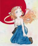  1girl absurdres blue_eyes blue_hakama blush boots breasts chest_sarashi commentary_request floating_hair full_body gun hachimaki hakama headband highres japanese_clothes kneeling long_hair looking_up medium_breasts orange_hair original painting_(medium) red_sun rifle sarashi sato_(osappun) thick_eyebrows traditional_media watercolor_(medium) weapon 