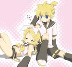  1girl bad_id bad_pixiv_id blonde_hair blue_eyes brother_and_sister detached_sleeves hair_ornament hairclip kagamine_len kagamine_rin lying maruki_(punchiki) midriff on_back short_hair shorts siblings sitting sleeping twins vocaloid 