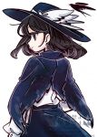  1girl bird black_capelet black_hat black_skirt book brown_eyes brown_hair capelet commentary_request cowboy_shot hat hat_feather highres holding holding_book long_sleeves looking_back medium_hair shirt shirt_tucked_in skirt smile solo tama_(hiroshige_36) touhou twitter_username usami_renko watermark white_background white_shirt 