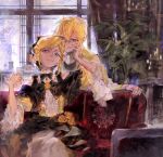  1boy 1girl aku_no_meshitsukai_(vocaloid) aku_no_musume_(vocaloid) allen_avadonia ascot bare_shoulders black_bow black_ribbon black_vest blonde_hair blue_eyes bow brother_and_sister coat collar commentary_request couch curtains detached_collar dress dress_bow dress_flower dress_ribbon evillious_nendaiki evnight fireplace flower frilled_sleeves frills hair_bow half-closed_eyes hand_on_another's_cheek hand_on_another's_face hand_on_another's_hand highres indoors jacket kagamine_len kagamine_rin looking_at_viewer miku_symphony_(vocaloid) off-shoulder_dress off_shoulder official_alternate_costume ojou-sama_pose open_clothes open_coat open_jacket palace pale_skin petticoat plant potted_plant ribbon riliane_lucifen_d'autriche rose siblings sidelocks smile stomacher swept_bangs twins updo vest vocaloid waist_ribbon white_ascot white_collar wide_sleeves window yellow_coat yellow_dress yellow_flower yellow_jacket yellow_rose 