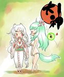  amaterasu barefoot bikini chibi crossover ex-keine horns issun japanese_clothes kamishirasawa_keine kimono multiple_girls ookami_(game) personification swimsuit tail touhou tsuutenkaaku 