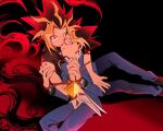  2boys arm_around_shoulder black_background black_shirt blonde_hair blue_jacket blue_pants bound_together commentary feet_out_of_frame gradient_background gradient_hair highres holding_hands interlocked_fingers jacket male_focus millennium_puzzle multicolored_hair multiple_boys muto_yugi okbdko123 pants parted_lips pink_eyes red_background red_eyes red_hair red_ribbon ribbon shirt sleeveless sleeveless_shirt spiked_hair untranslatable_commentary yami_yugi yaoi yu-gi-oh! yu-gi-oh!_duel_monsters 