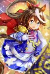  1girl absurdres amutaro animal_ears ascot asymmetrical_gloves black_gloves blue_eyes blush brown_hair buttons cape commentary_request double-breasted ear_ribbon epaulettes gloves hair_between_eyes highres horse_ears horse_girl horse_tail jacket long_hair long_sleeves looking_at_viewer middle_w mismatched_gloves multicolored_hair multicolored_jacket open_mouth pink_ascot ponytail red_cape single_epaulette single_hair_streak skirt smile solo star_(symbol) streaked_hair tail tokai_teio_(peak_joy)_(umamusume) tokai_teio_(umamusume) two-tone_hair two-tone_jacket two-tone_skirt umamusume w white_gloves white_hair white_jacket white_skirt white_streaks 