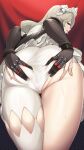  1girl alexandrina_sebastiane ass ass_focus black_dress black_gloves dress from_behind gloves grabbing_own_ass grey_hair hair_between_eyes highres long_hair looking_at_viewer looking_back maid maid_headdress open_mouth pantyhose pantyhose_cutout partially_fingerless_gloves red_background red_eyes simple_background single_leg_pantyhose solo spread_anus spread_anus_under_clothes spread_pussy spread_pussy_under_clothes spreading_own_anus spreading_own_pussy sweat swzw thick_thighs thighs white_pantyhose zenless_zone_zero 