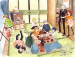  6+boys adachi_tooru amagi_yukiko bad_perspective black_hair blonde_hair blue_hair brown_hair contemporary couple doujima_nanako doujima_ryoutarou hanamura_yousuke indoors jyako_(bara-myu) kotatsu kujikawa_rise kuma_(persona_4) long_sleeves lying multiple_boys multiple_girls narukami_yuu new_year on_back persona persona_4 room satonaka_chie shirogane_naoto silver_hair sleeping sliding_doors table tatami tatsumi_kanji television twintails walking 