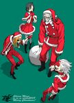  2008 3boys artist_name badou_nails black_hair boots christmas dogs:_bullets_&amp;_carnage eyepatch fuyumine_naoto green_background haine_rammsteiner hat laughing long_hair male_focus mihai_mihaeroff miwa_shirou multiple_boys pantyhose pointing santa_costume short_hair white_hair 