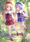  2girls :d :o alternate_costume angel_beats! backpack bag beret black_bow black_choker blue_eyes blue_flower blue_hair blue_hat blue_rose blue_skirt blue_vest blush bow brown_bag brown_hair brown_shoes buttons charlotte_(anime) choker commentary_request company_connection copyright_notice crossover day eyes_visible_through_hair floating_hair flower frilled_shirt_collar frilled_sleeves frills full_body garden goto_p grass hair_between_eyes happy hat highres holding_hands key_(company) loafers long_hair long_sleeves looking_at_another miniskirt multiple_girls open_mouth outdoors pantyhose pink_flower pink_rose red_hat red_skirt red_vest rose school_uniform shirt shoes skirt smile standing straight_hair tachibana_kanade teeth tomori_nao two_side_up upper_teeth_only vest white_pantyhose white_shirt yellow_eyes 