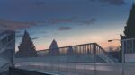  absurdres bridge building buzhidexiaowu chinese_commentary cloud commentary_request gradient_sky highres lamppost no_humans original outdoors pedestrian_bridge scenery sky skyscraper stairs tree twilight 
