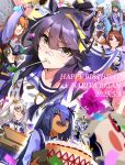  6+girls absurdres ahoge animal_ears bandaid bandaid_on_face bandaid_on_nose beanie biko_pegasus_(umamusume) birthday_cake biwa_hayahide_(umamusume) black_hair blue_eyes blush bow bowtie box breasts brown_hair cake candle cardboard_box carrot character_name closed_eyes closed_mouth collarbone commentary_request confetti dark-skinned_female dark_skin ear_bow ear_ornament ear_scrunchie fang fire flower_in_eye food gift gift_box glasses green_eyes grey_hair hair_between_eyes hair_ornament hairclip happy_birthday hat highres hishi_amazon_(umamusume) holding holding_gift holding_toy horse_ears horse_girl horse_tail long_hair long_sleeves marvelous_sunday_(umamusume) mayano_top_gun_(umamusume) mouth_hold multiple_girls naegi_happy narita_brian_(umamusume) open_mouth orange_eyes orange_hair parted_lips pink_eyes pleated_skirt pom_pom_(clothes) ponytail purple_eyes purple_sailor_collar purple_serafuku purple_shirt purple_skirt purple_thighhighs red-framed_eyewear red_scrunchie sailor_collar sailor_shirt sakura_laurel_(umamusume) samson_big_(umamusume) school_uniform scrunchie semi-rimless_eyewear serafuku shirt short_hair skirt smile stalk_in_mouth striped_clothes striped_scrunchie symbol_in_eye tail thighhighs toy tracen_school_uniform twintails umamusume under-rim_eyewear very_long_hair white_bow white_bowtie yellow_eyes 