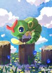  artist_name bug caterpie caterpillar cloud commentary_request day flower grass highres log lying mixed-language_commentary mude0530 no_humans pokemon pokemon_(creature) pokemon_focus solo yellow_eyes 