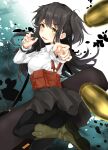  1girl abstract_background aiming aiming_at_viewer ass black_hair black_pantyhose blue_background blurry blurry_foreground boots breasts bullet chest_rig collared_shirt commentary_request foot_out_of_frame green_boots grey_skirt hand_up instrument_case light_blush long_hair long_sidelocks long_sleeves looking_at_viewer medium_breasts miniskirt open_mouth outstretched_arm pantyhose pleated_skirt pouch school_uniform shin_(highest1192) shirt sidelocks skirt smile solo toaru_kagaku_no_railgun toaru_kagaku_no_railgun_t toaru_majutsu_no_index two-tone_background white_background white_shirt wrist_belt yellow_eyes yumiya_rakko 