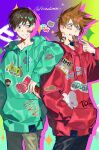  2boys :3 animification antenna_hair arm_on_another's_shoulder arm_rest artist_name bacon bad_id bad_twitter_id bandage_on_face bandages bandaid bandaid_on_face black_eyes black_pants blush brown_hair can character_name commentary drawstring drink edd_(eddsworld) eddsworld english_commentary fang food food_in_mouth green_hoodie green_pants hair_behind_ear hair_ears highres holding holding_can holding_drink holding_food hood hood_down hoodie kiyoshi_st long_sleeves looking_at_another male_focus multiple_boys pants red_hoodie ringo_(eddsworld) short_hair smile space_invaders standing sticker swept_bangs tord_(eddsworld) variant_set 