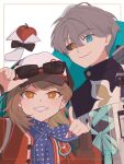  1boy 1girl adjusting_eyewear adversarial_noise amanatsu_(amanatu5069) apple apple_(reverse:1999) black_bow black_bowtie black_sclera blue_dress blue_eyes blue_neckerchief bow bowtie brown_hair coat colored_sclera dress eyewear_on_head food fruit grey_hair grin hand_on_eyewear hands_up hat heterochromia highres id_card index_finger_raised inset_border jacket looking_at_viewer mismatched_sclera neckerchief newsboy_cap orange_eyes pointing pointing_at_viewer polka_dot_neckerchief red_jacket regulus_(reverse:1999) reverse:1999 short_hair smile sunglasses teeth traditional_bowtie upper_body watermark white_background white_coat x_(reverse:1999) yellow_eyes 