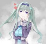  1girl absurdres arm_under_breasts green_hair green_shirt hairband hand_on_own_cheek hand_on_own_face heart heaven_burns_red highres jacket kalin_note long_neck looking_at_viewer mole mole_under_mouth murofushi_risa open_clothes open_jacket purple_eyes shirt smile twintails 