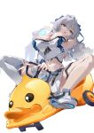  1girl asc11 breasts bronya_zaychik bronya_zaychik_(maximum_velocity) bronya_zaychik_(silverwing:_n-ex) cleavage commentary drill_hair grey_eyes grey_hair highres honkai_(series) honkai_impact_3rd large_breasts long_hair looking_at_viewer midriff navel official_alternate_costume riding simple_background skirt solo tank_top triangle_mouth very_long_hair white_background white_skirt white_tank_top 