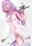  1girl absurdres bikini braid commentary_request frills heaven_burns_red highres holding holding_spoon holding_tray kura_satomi long_hair looking_at_viewer multicolored_hair no53_(pixiv_77486930) pink_hair see-through_clothes simple_background spoon swimsuit tray two-tone_hair white_background white_bikini white_hair wooden_spoon 