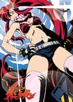  belt bikini_top breasts cleavage fingerless_gloves gloves gun hair_ornament kurenai_karasu long_hair medium_breasts midriff pink_legwear ponytail red_hair scarf shorts solo tengen_toppa_gurren_lagann thighhighs weapon yellow_eyes yoko_littner 