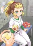  1boy 1girl absurdres apple apple_juice aqua_eyes baseball_uniform belt blonde_hair brown_belt brown_hair commentary_request cup eighth_note food from_above fruit green_shirt high_ponytail highres holding holding_cup holding_food holding_fruit indoors jikkyou_powerful_pro_yakyuu juice locker locker_room multicolored_hair musical_note open_mouth pants pawahotel3021 ponytail pov pov_hands power_pro_appli shirt shirt_under_shirt sitting sportswear tsukami_tomoe white_pants white_shirt 