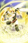  angry artist_request bardiche blonde_hair energy_sword fate_testarossa gauntlets long_hair lyrical_nanoha magic_circle mahou_shoujo_lyrical_nanoha_strikers octagram open_mouth red_eyes solo star_of_lakshmi sword thighhighs twintails very_long_hair weapon yellow 