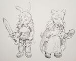 absurd_res angry anthro armor armwear bare_hands bemani boots cape clothing cosplay crossover crossover_cosplay domestic_cat duo felid feline felis female footwear hair happy hi_res knight knight_armor konami lagomorph leporid live_a_live mage_robe magic_user magic_wand mammal medieval melee_weapon middle_ages mimi_(pop'n_music) nyami_(pop'n_music) oersted one_eye_closed pikapika212 pop'n_music rabbit robe rod shoes smile square_enix streibough sword warrior weapon wink