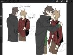  2boys age_difference alternate_costume animification art_program_in_frame bad_id bad_twitter_id bag beard_stubble black_bag black_coat blowing_smoke brown_hair brown_pants chinese_commentary cigar coat collared_shirt commentary_request edd_(eddsworld) eddsworld english_text facial_hair flipped_hair french_kiss future_edd_(eddsworld) green_hoodie hair_ears hand_on_another's_shoulder handbag height_difference holding holding_cigar hood hoodie jitome kiss kiyoshi_st long_sleeves male_focus multiple_boys open_clothes open_coat pants plaid_clothes plaid_shirt procreate_(medium) procreate_(software) profanity red_shirt sequential shirt short_hair simple_background smoking speech_bubble stubble time_paradox tord_(eddsworld) tote_bag trench_coat white_background yaoi 