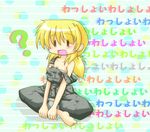  ? barefoot blonde_hair hidamari_sketch indian_style miyako overalls shishinon sitting solo strap_slip translated |_| 