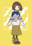  1girl animal_print artist_name bob_cut brown_hair brown_skirt fox_print full_body green_eyes long_sleeves looking_at_viewer mago mountain_print open_mouth original oversized_clothes oversized_sweater pantyhose pleated_skirt print_sweater shoes short_hair signature simple_background skirt sneakers snow_print solo standing sweater yellow_background 