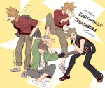  3boys adapted_costume aged_down alternate_costume animification annoyed antenna_hair arms_up artist_name bad_id bad_twitter_id bandage_on_cheek bass_guitar belt black_belt black_jacket black_pants black_shirt brown_hair brown_pants cigar clothes_writing collared_shirt commentary drawstring edd_(eddsworld) eddsworld english_commentary english_text fender_precision_bass flipped_hair freckles full_body grey_pants hair_ears hand_in_pocket highres holding holding_microphone hollow_eyes hood hood_down hoodie instrument jacket kiyoshi_st long_sleeves looking_at_another male_focus microphone multiple_boys multiple_views official_alternate_costume open_clothes open_hoodie open_jacket pants photo-referenced plaid_clothes plaid_shirt red_shirt shirt shoes short_hair sketch slippers smoking spiked_hair susan_(eddsworld) tom_(eddsworld) tord_(eddsworld) white_shirt white_shoes white_slippers 