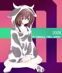  2009 animal_print brown_hair chinese_zodiac cow_print ein_(long_cake) hood horns indian_style new_year original short_hair sitting slippers solo year_of_the_ox 