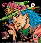  1boy araki_hirohiko_(style) ball beard blue_eyes blue_hair bridal_gauntlets brown_bridal_gauntlets brown_shirt cape character_name copyright_name derivative_work facial_hair green_cape green_shirt gyro_zeppeli hat highres holding holding_ball jjba_kk jojo_no_kimyou_na_bouken lipstick long_hair makeup male_focus manga_(object) one_eye_closed parted_lips shirt solo speech_bubble steel_ball_(jojo) steel_ball_run stuffed_animal stuffed_toy teddy_bear 