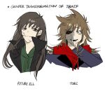  2girls alternate_hairstyle animification antenna_hair bad_id bad_twitter_id bags_under_eyes black_coat black_sclera blue_coat brown_hair burn_scar character_name coat colored_sclera commentary cosplay cropped_shoulders drawstring edd_(eddsworld) eddsworld ell_(eddsworld) english_commentary english_text fangs frown future_edd_(eddsworld) future_edd_(eddsworld)_(cosplay) genderswap genderswap_(mtf) green_hoodie grey_eyes hair_down hair_ears hand_on_own_face heterochromia high_collar highres hood hood_down hoodie kiyoshi_st long_hair long_sleeves mature_female military_coat military_uniform mismatched_sclera multiple_girls open_clothes open_coat open_mouth procreate_(medium) red_eyes red_hoodie red_leader_(eddsworld) red_leader_(eddsworld)_(cosplay) scar self_cosplay simple_background smile the_beginning_and_the_friend tord_(eddsworld) tori_(eddsworld) trench_coat white_background 
