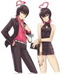  1girl artist_name bag bare_arms bare_shoulders belt black_dress black_hair black_jacket black_nails black_pants black_suit bracelet cleavage_cutout closed_mouth clothing_cutout collared_shirt colored_inner_hair commentary corrupted_twitter_file cropped_legs crossdressing crossdressing_(ftm) dress dress_shirt flat_chest gold_bracelet halo hand_in_pocket handbag heart heart_halo highres jacket jewelry lapels long_sleeves looking_at_viewer multicolored_hair multiple_views necktie notched_lapels original pant_suit pants pink_hair preta_(wanderjegson) red_eyes red_hair red_shirt shirt short_dress short_hair simple_background smile suit suit_jacket suit_pants wanderjegson white_background white_belt white_necktie wolf_cut 